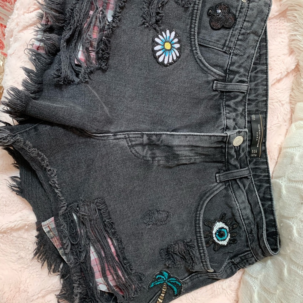 Zara distressed patched jean shorts